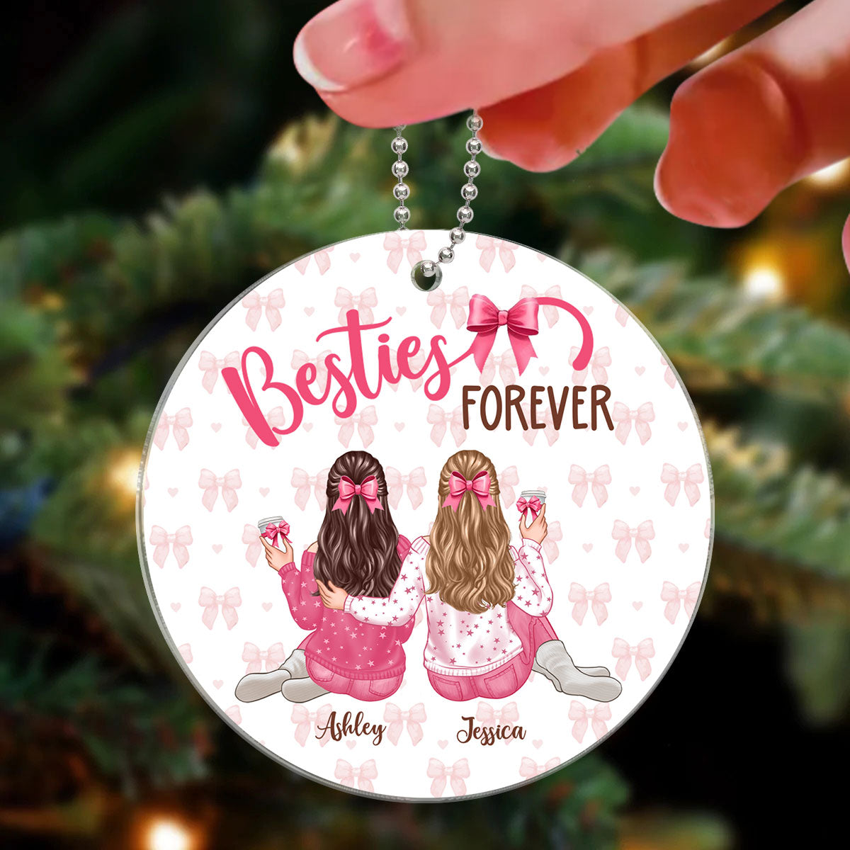 Coquette Besties Forever Back View Christmas Personalized Acrylic Ornament