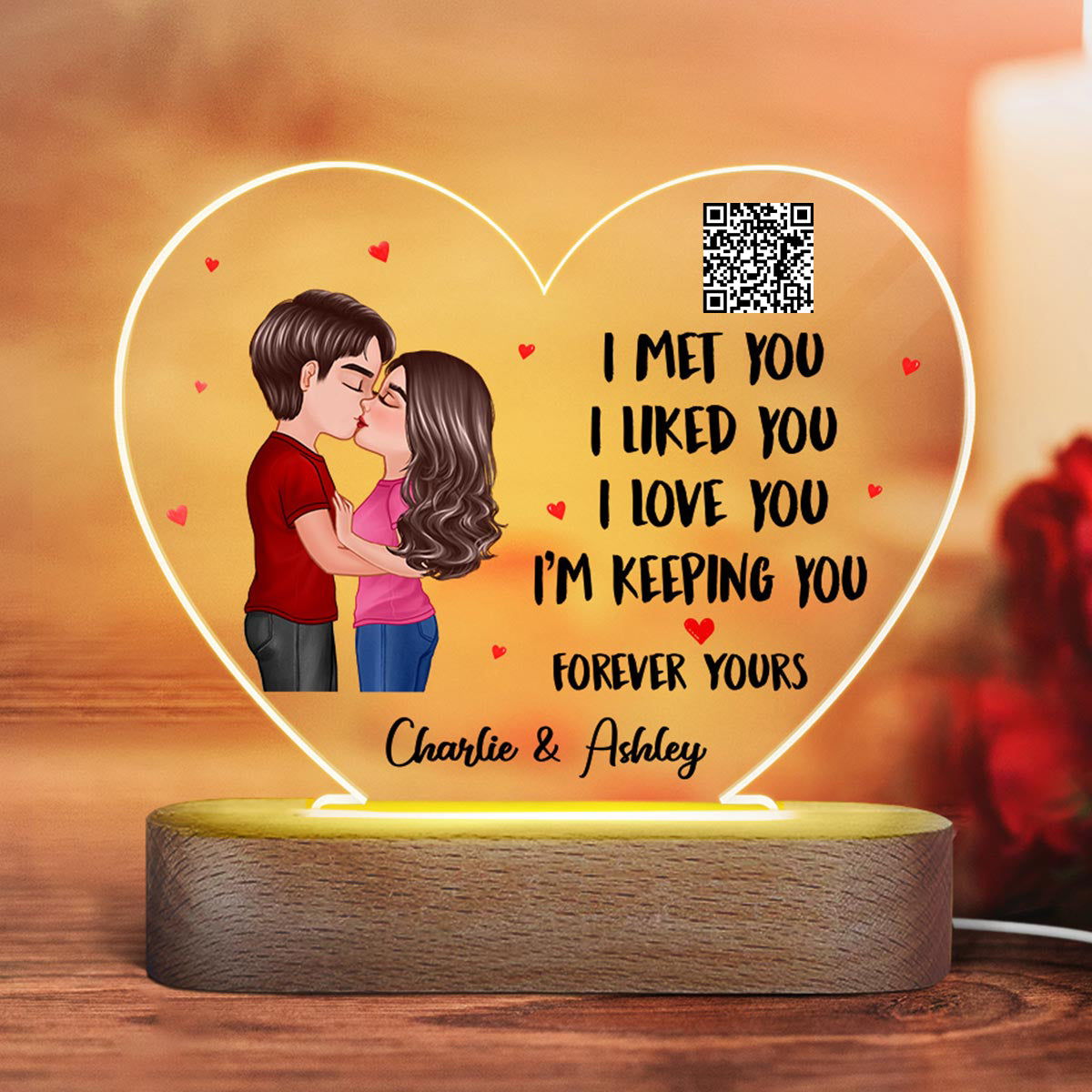Doll Couple Kissing I Met You Favorite Song Scannable QR Code Gift For Him For Her Personalized Acrylic Heart Plaque LED Night Light