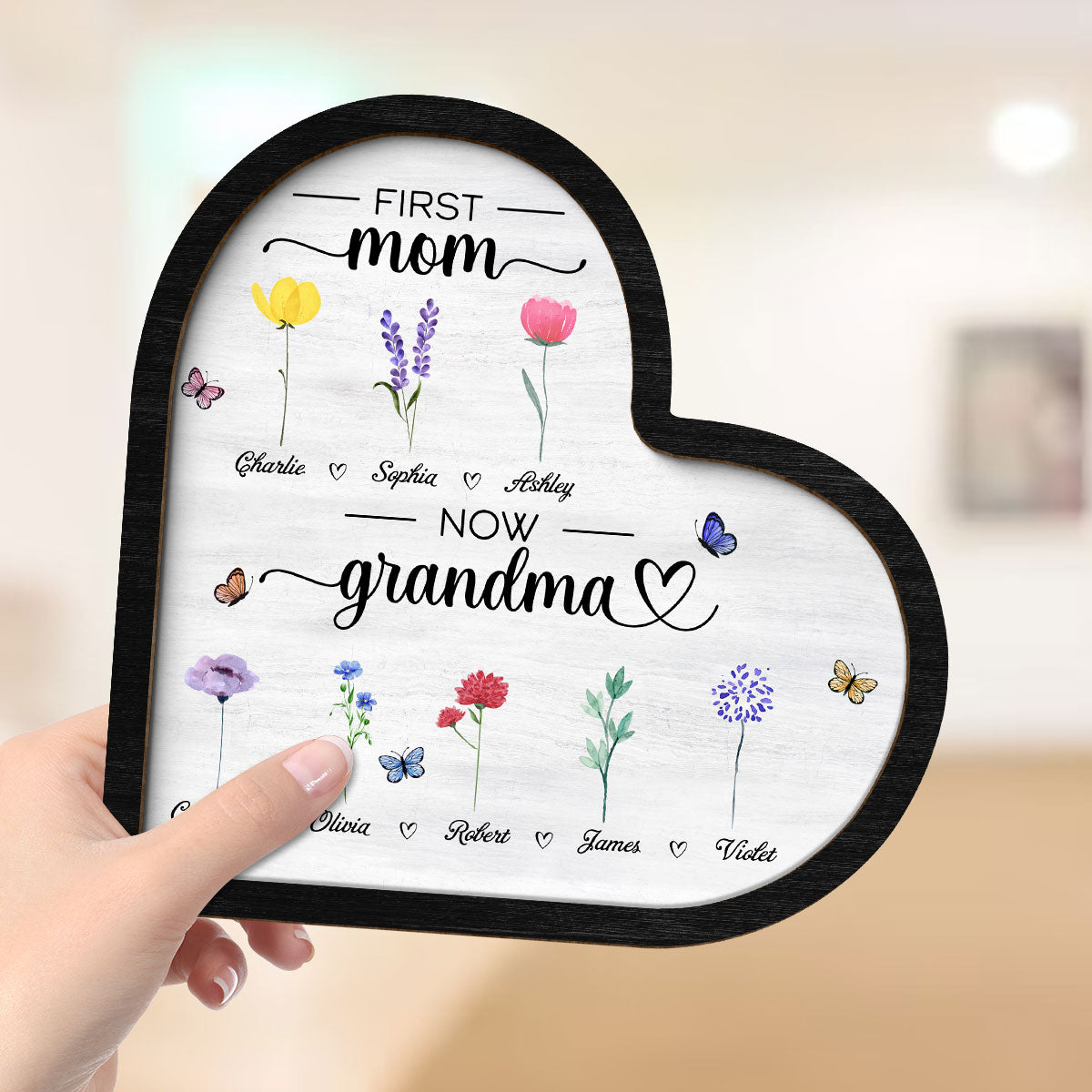 First Mom Now Grandma Birth Month Flowers Heart Shaped Personalized 2-Layer Wooden Plaque