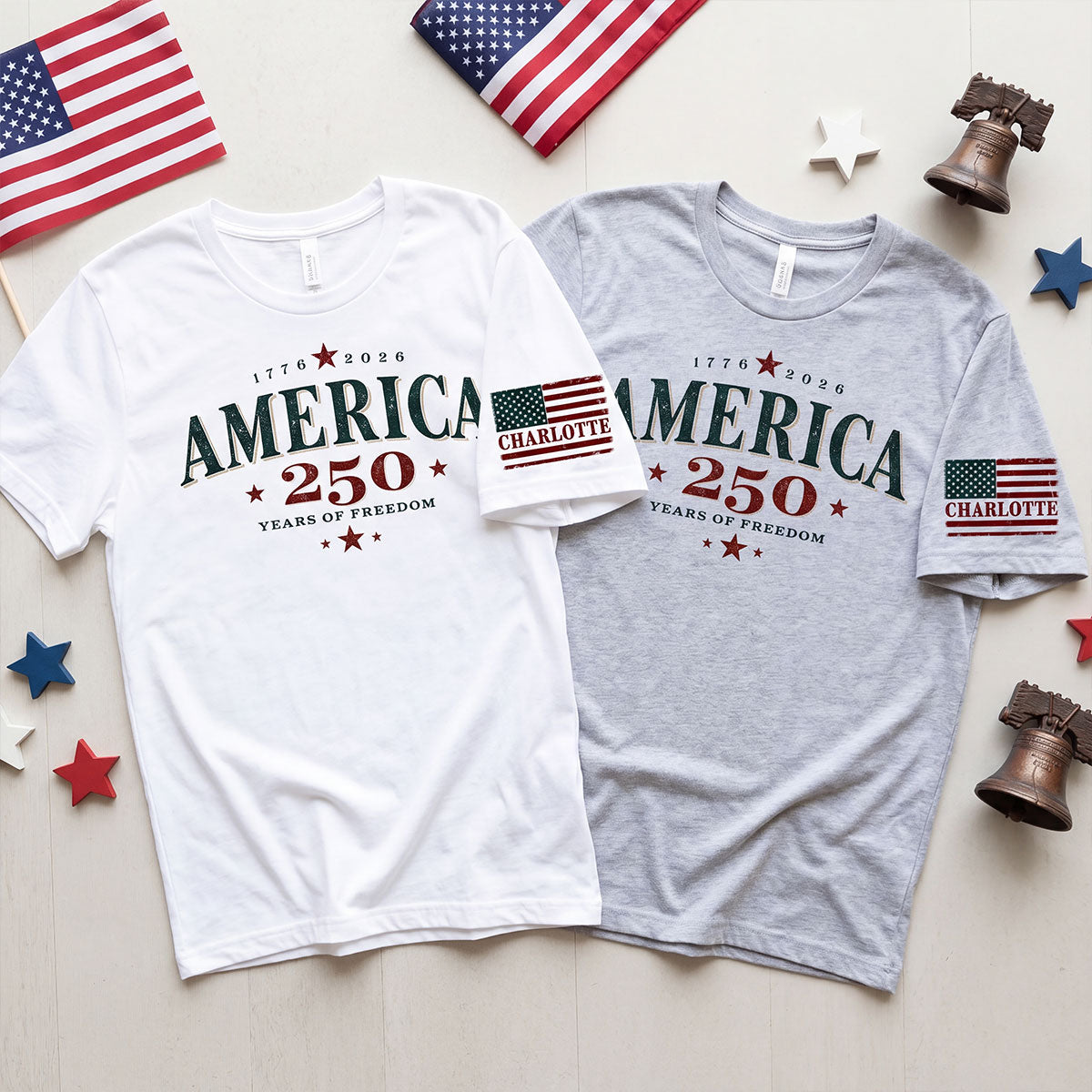 Retro America 250th Anniversary 250 Years Of Freedom - Personalized Sleeve Printed Shirt - Family Matching Shirt, Patriotic Crew Shirt