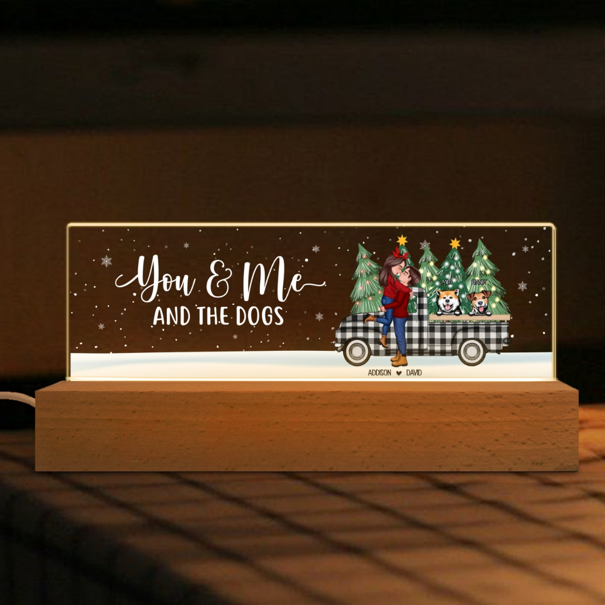 You Me And The Dogs Christmas Truck Personalized Acrylic Block LED Night Light, Christmas Gift for Couples