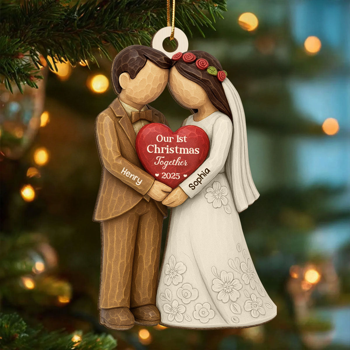 3D Effect First Christmas Married Engaged Couple - Personalized Wooden Ornament - Christmas Gift for her, for him, Newlyweds Gift