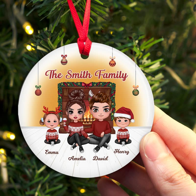 Family Sitting By The Fireplace Personalized Circle Ornament