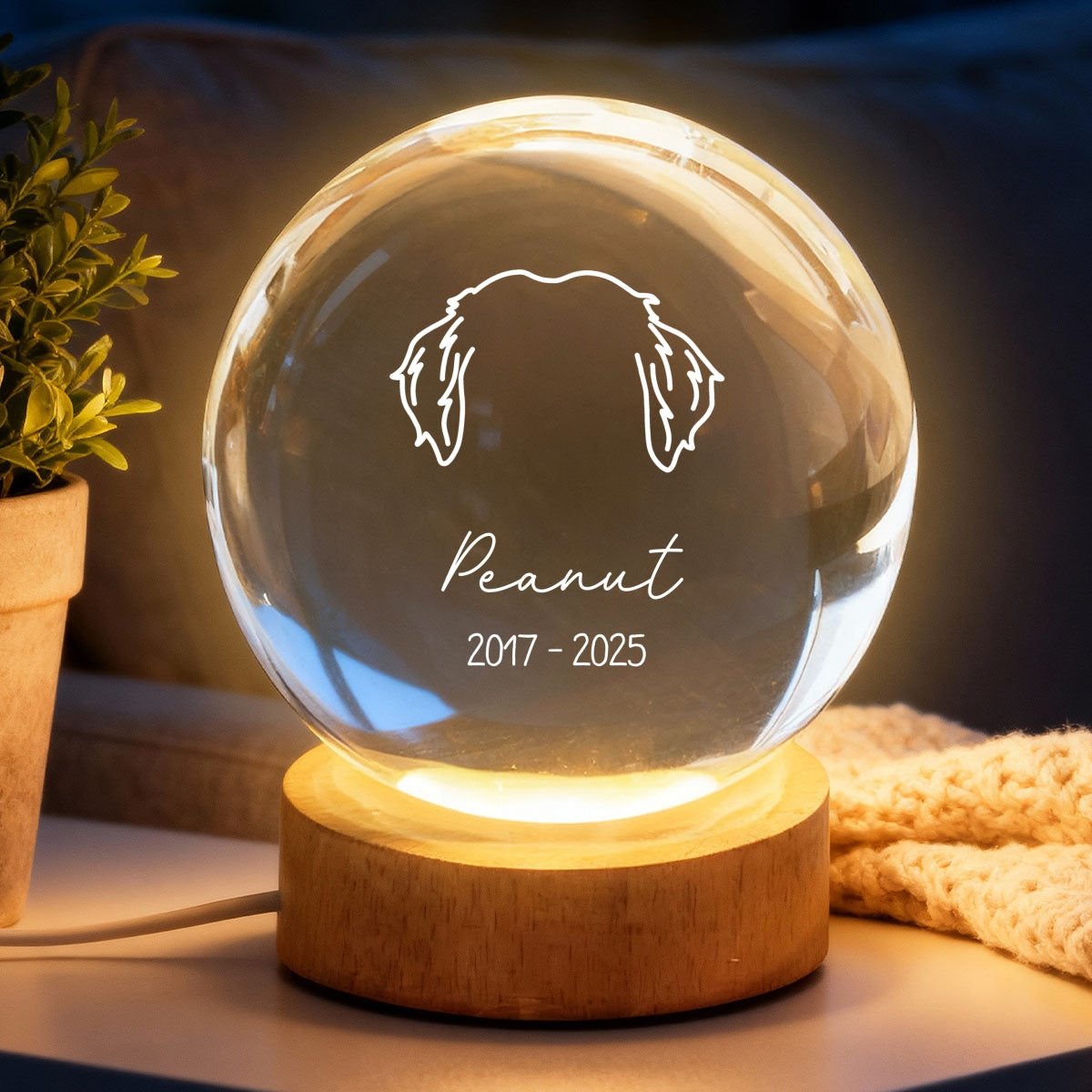 Dog Head Outline Memorial - Personalized Crystal Ball LED Night Light - Dog Memorial Remembrance Keepsake