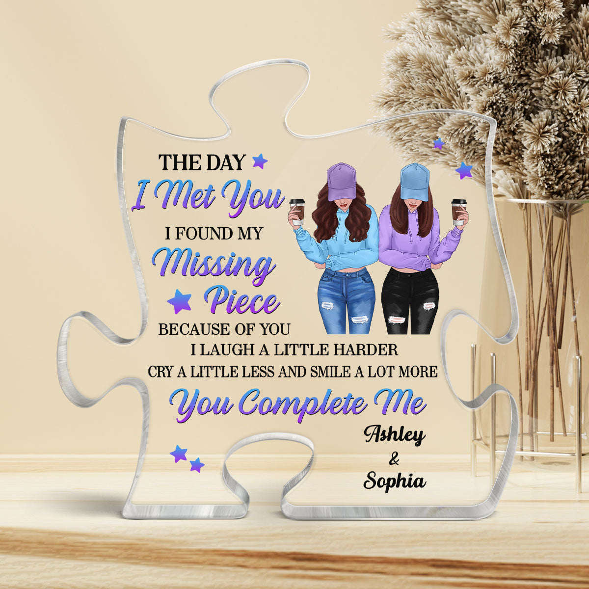 Front View Besties The Day I Met You Personalized Puzzle Acrylic Block Plaque