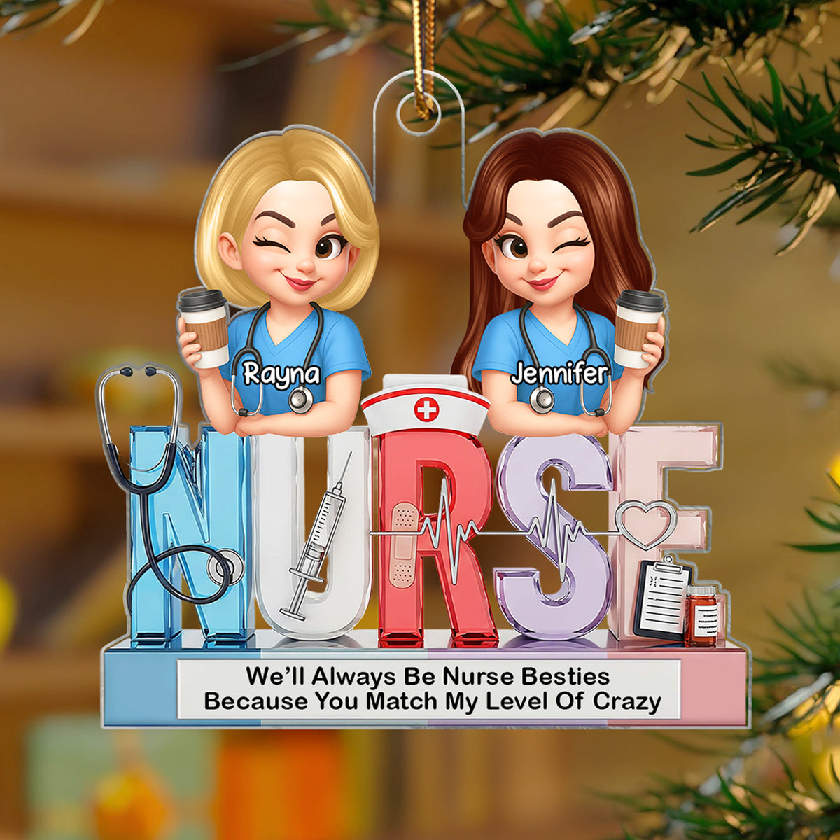 Personalized 3D Effect Nurse Besties Medical Icons Personalized Acrylic Ornament