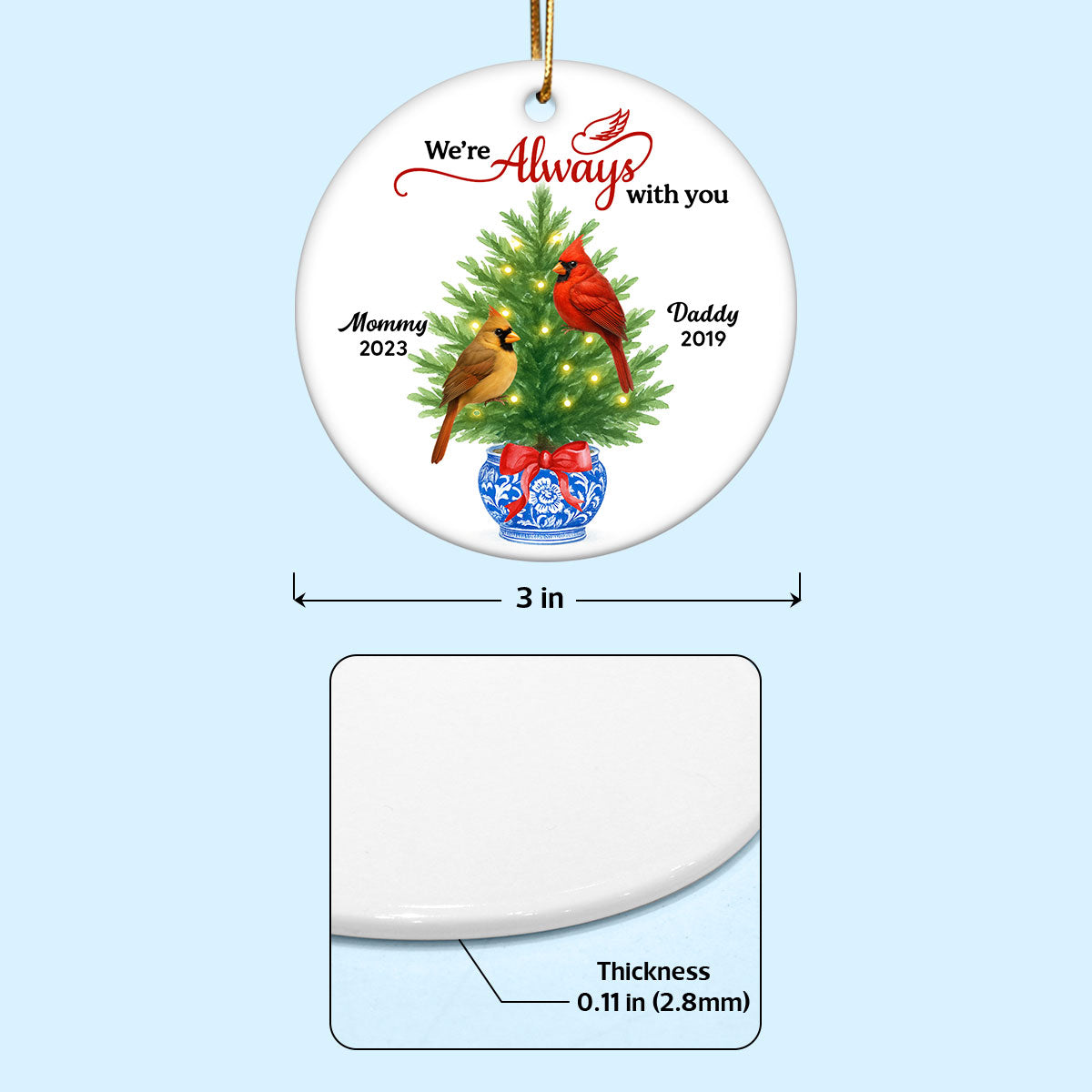 Cardinals Chinoiserie Christmas Always With You - Personalized Ceramic Ornament - Meaningful Sympathy Gift