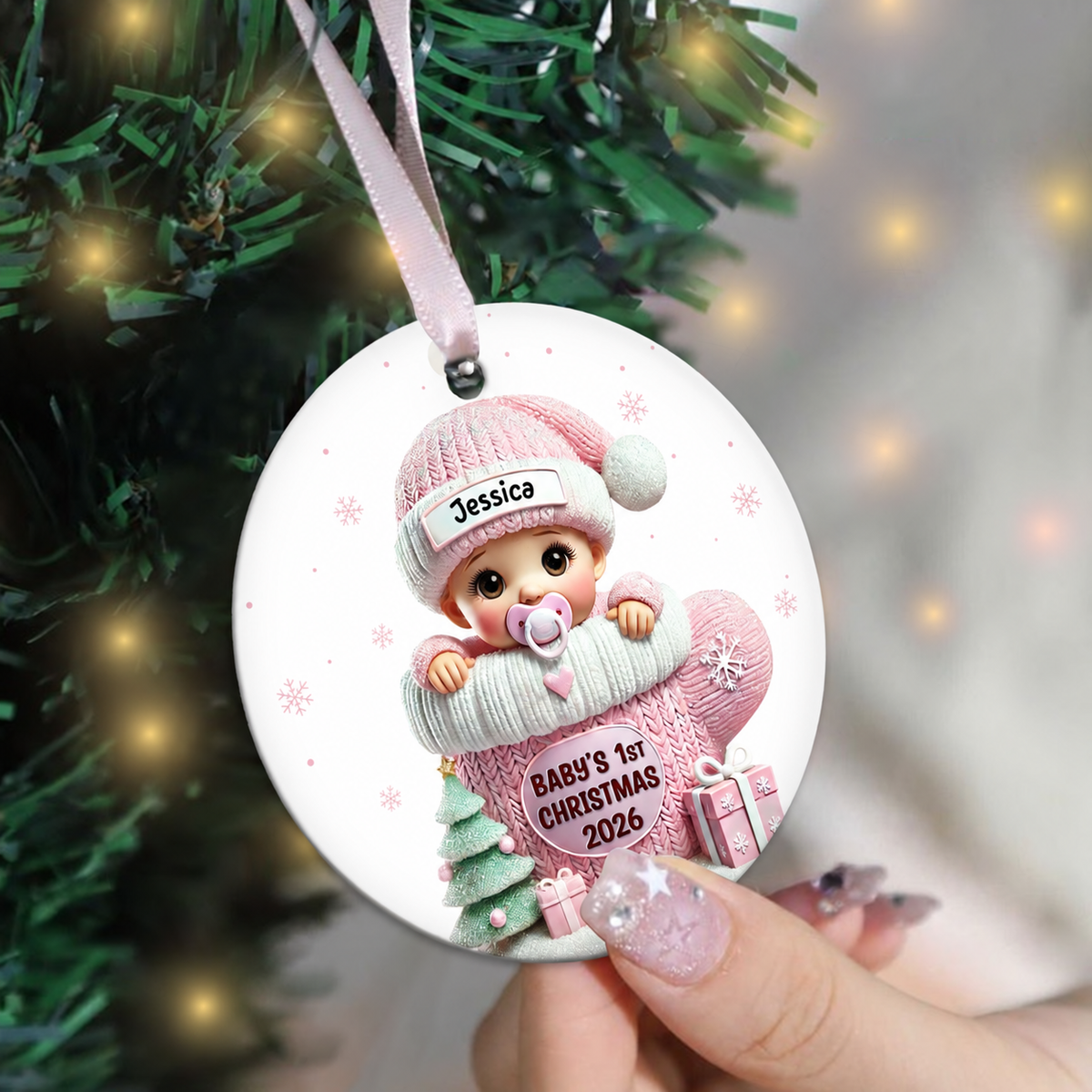 Baby In Mitten 3D Effect Baby's First Christmas Personalized Ceramic Flat Ornament