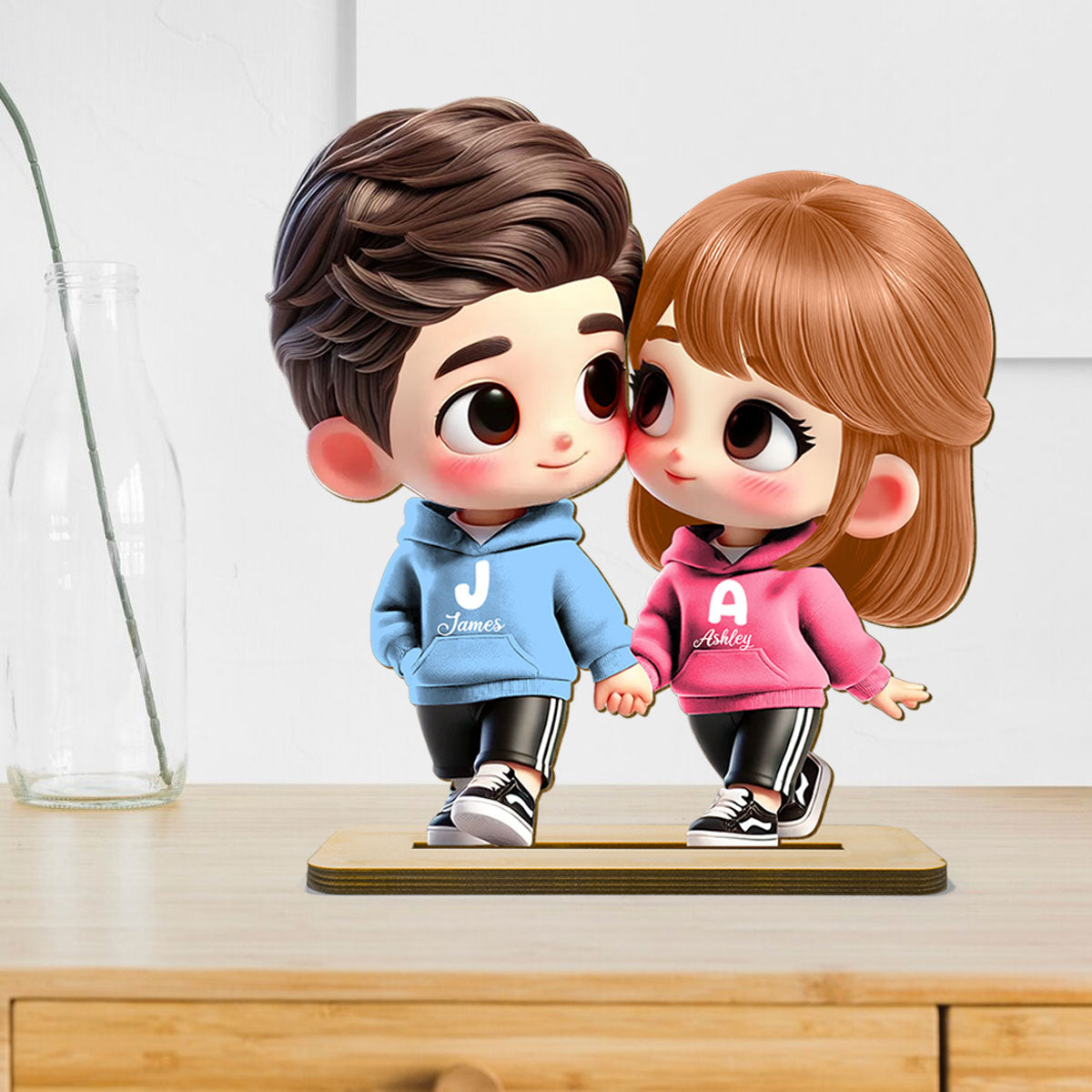 3D Effect Cute Cartoon Couple Holding Hands Personalized Standing Wooden Plaque, Anniversary &  Gift for him, Gift for her