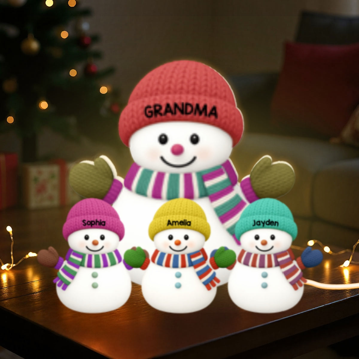 3D Effect Heartwarming Christmas Grandma Grandkids Snowman Together - Personalized Light Box - Gift For Grandmas