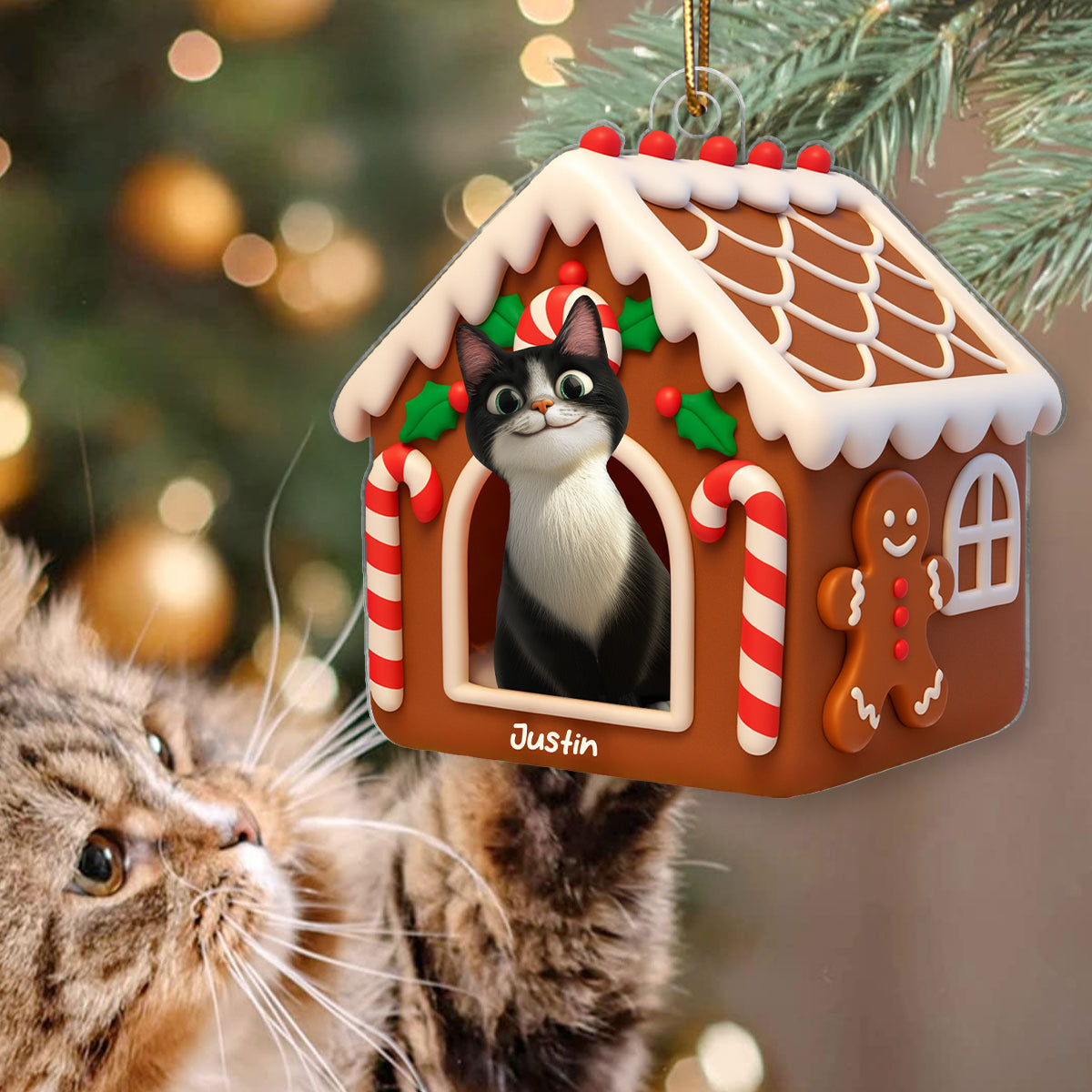 Gingerbread Cat House Personalized Acrylic Ornament, Christmas Gift for Cat Mom, Cat Dad