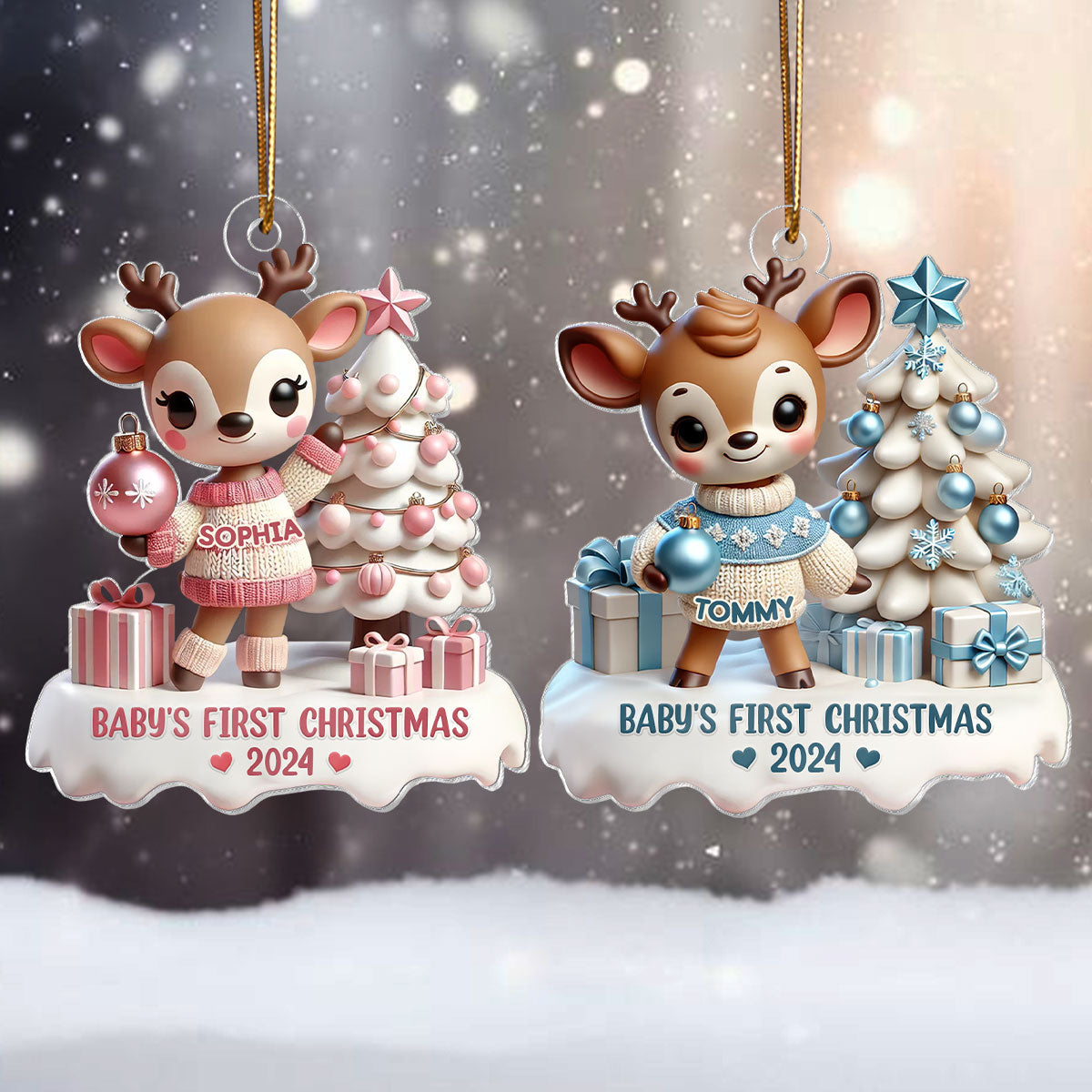 3D Effect Cute Reindeer Baby's First Christmas Personalized Acrylic Ornament, Christmas Gift For Newborns, New Parents