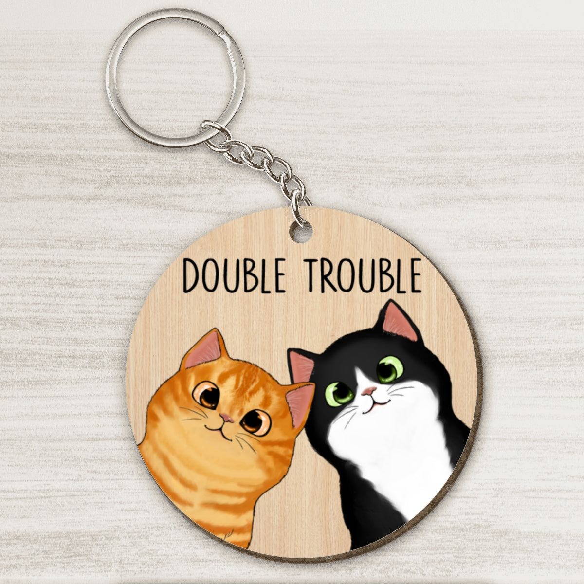 Peeking Fluffy Cats Double Trouble Personalized Wooden Keychain