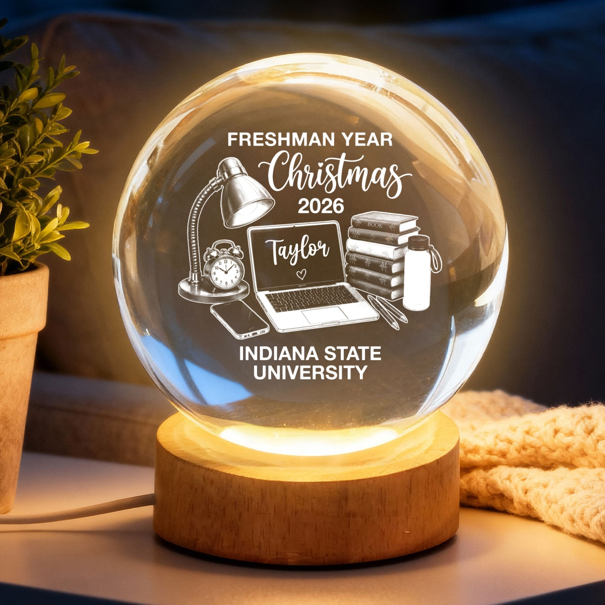Freshman Year Christmas Study Desk – Personalized Crytal Ball Night Light – College Student Christmas Gift, First Year Keepsake