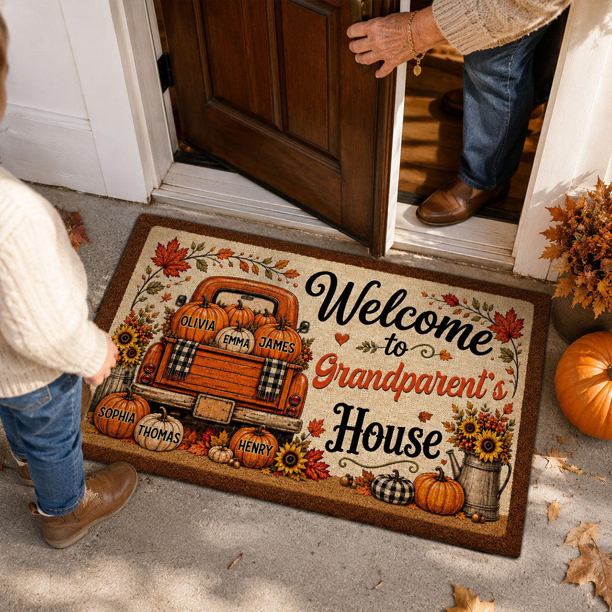 Floral Pumpkin Patch Truck Grandparent - Personalized Doormat - Fall Season Decor Gift, Gift For Grandma Grandpa