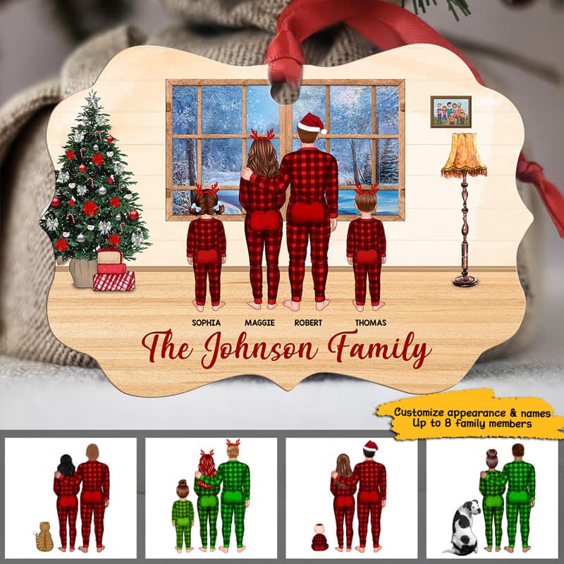 Pajamas Family Standing By Window Personalized Christmas Ornament
