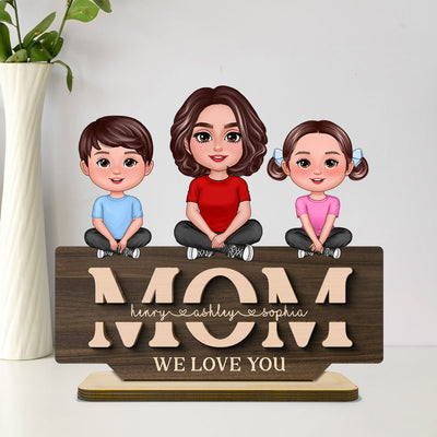 Mom Grandma We Love You Mother & Children Sitting On Word Personalized 2-Layer Standing Wooden Plaque
