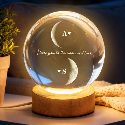 Custom Couple Moon Phase - Personalized Crystal Ball LED Night Light - Valentine's Day Gift For Couple, For Her, For Him