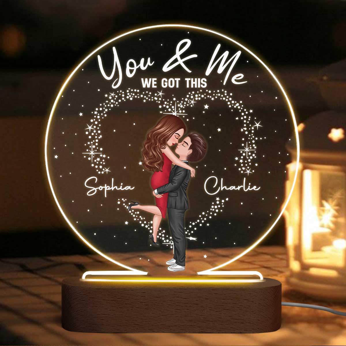 Couple Holding Kissing Personalized Circle Plaque LED Night Light - Valentine‘s Day Gift - Gift For Him - Gift For Her