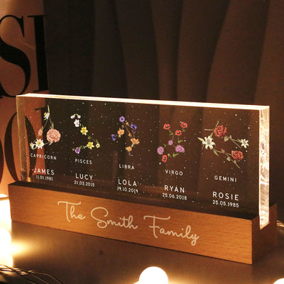 Family Zodiac Sign Birth Month Flowers Personalized Acrylic LED Night Light