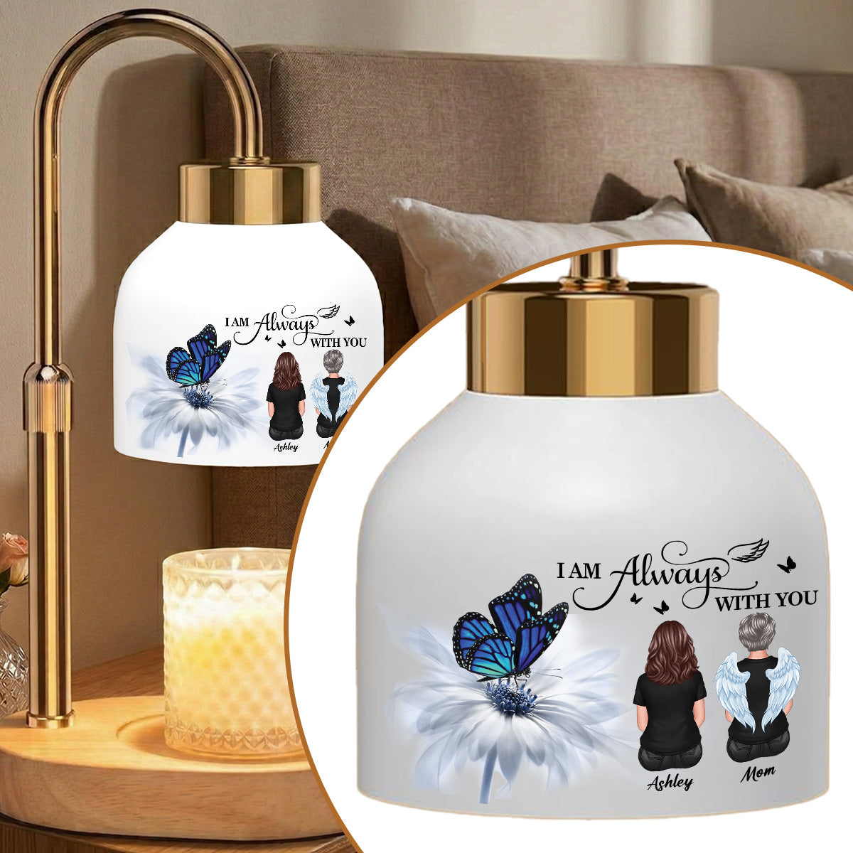Always With You Memorial Butterfly On Daisy - Personalized Candle Warmer Lamp - Memorial Gift, Remembrance Keepsake