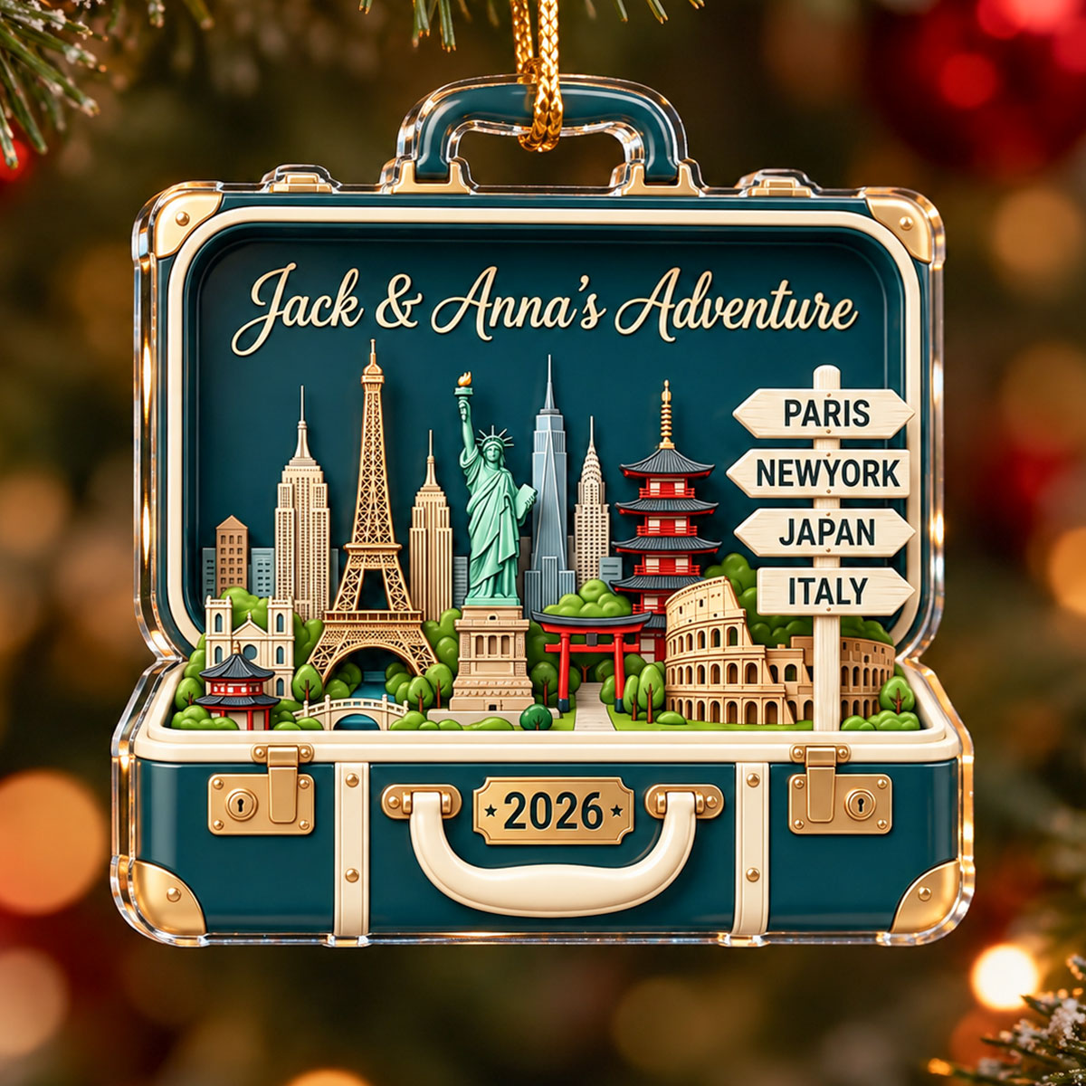 Custom Travel Adventure Suitcase 2D Flat Printed - Personalized Acrylic Ornament - Traveling Destination Keepsake, Christmas Gift For Traveling Lovers