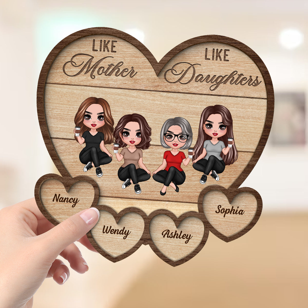Like Mother Like Daughter Sitting Hearts Personalized 2-layer Wooden Plaque
