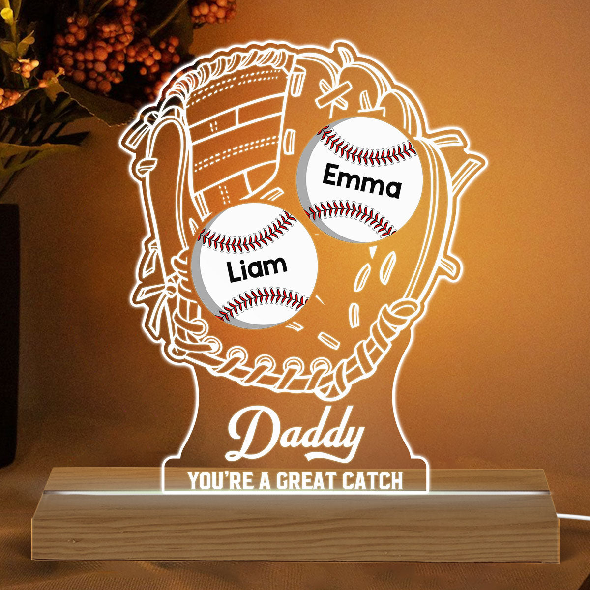 You‘re A Great Catch Baseball Mom Dad Personalized Custom Shaped Acrylic Plaque With LED Night Light