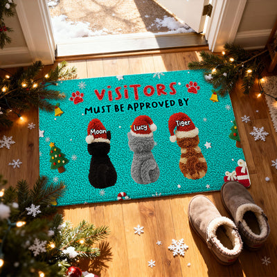 Visitors Must be Approved by Cats - Personalized Doormat - Funny Cats Latch Hook Yarn Faux - Christmas Decor for Pet Lovers