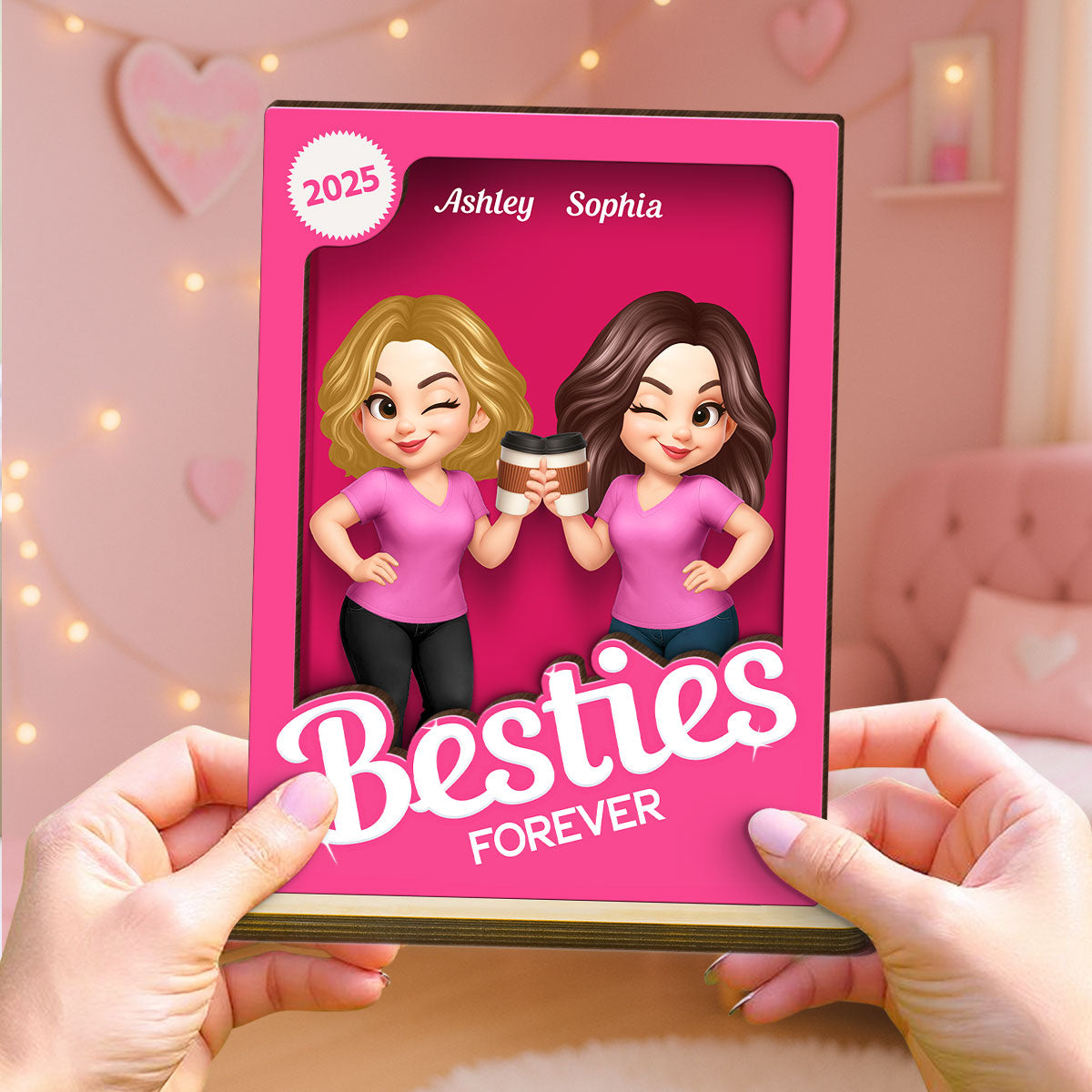 Besties Partner In Crime Pink 3D Effect Action Figure Personalized 2-Layer Standing Wooden Plaque