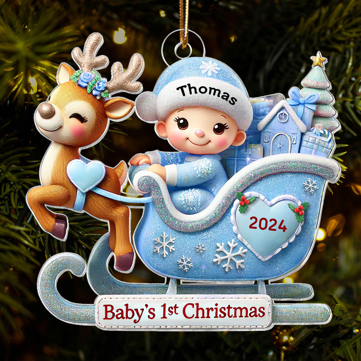 Baby First Christmas Newborn On Sleigh Keepsake - Personalized Acrylic Ornament