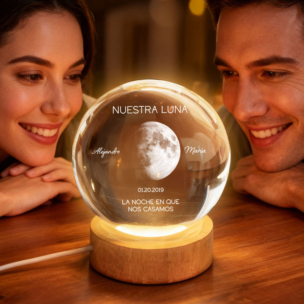Nuestra Luna – Fase Lunar Personalizada por Fecha – Bola de Cristal con Luz Nocturna – Regalo de Aniversario