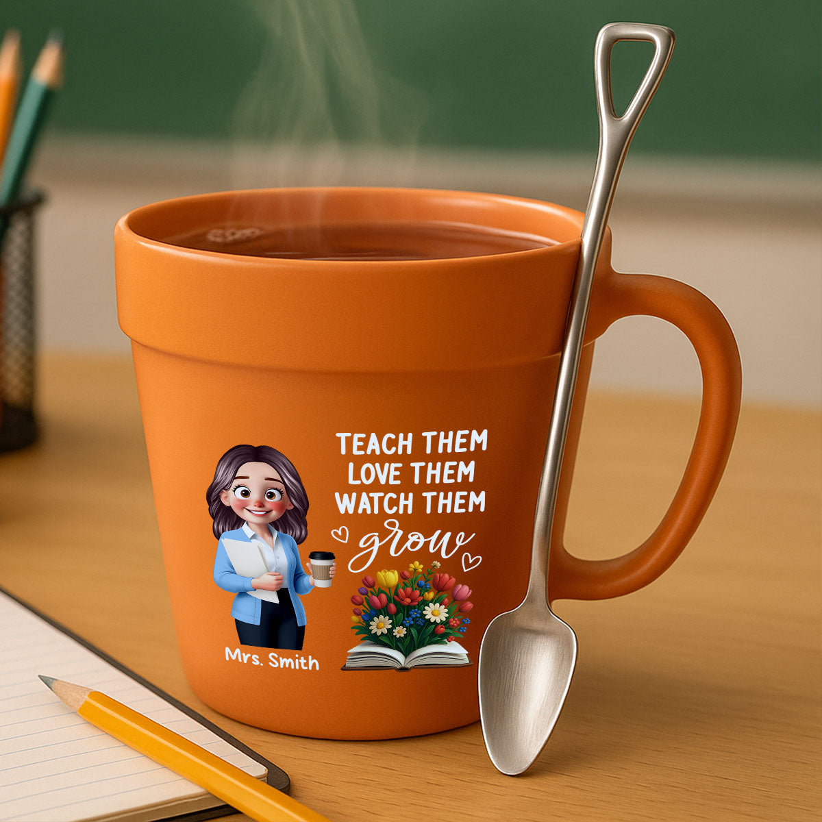 Cute Cartoon Teacher Teach Them Love Them Watch Them Grow Personalized Plant Pot Ceramic Mug