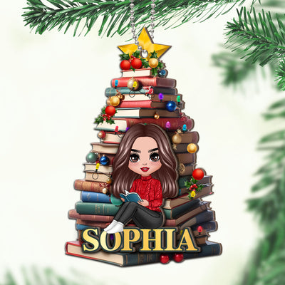 Christmas Book Tree Name Personalized 2-Layer Wooden Ornament, Book Lover Gift, Bookworm Gifts