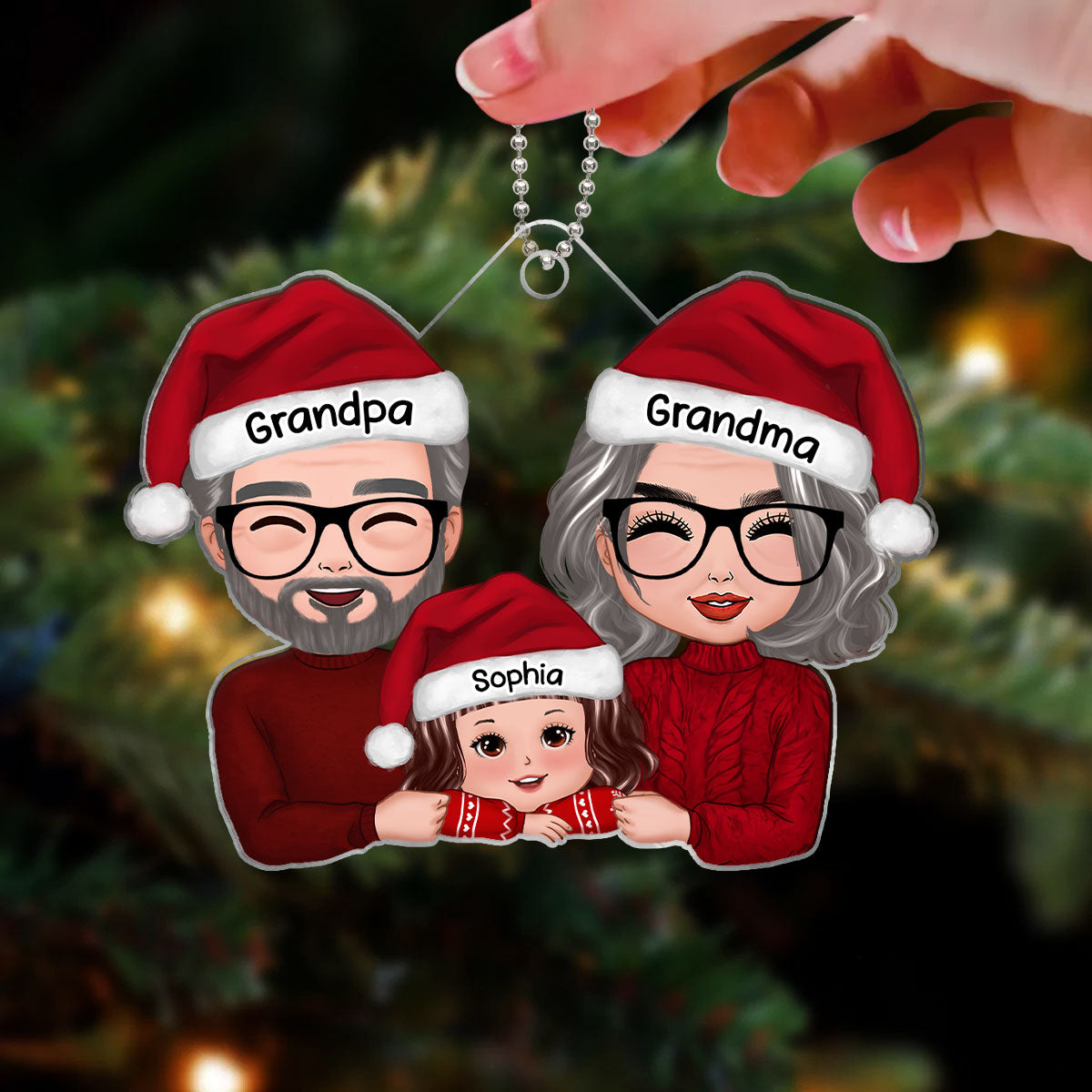 Grandpa Grandma & Grandkid Chin On Hands Christmas Gift Personalized Acrylic Ornament