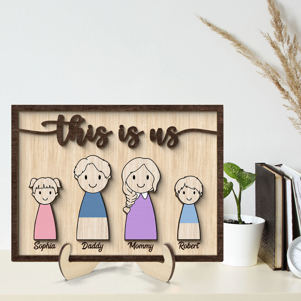 Simple Cartoon Family This Is Us Home Decor Personalized 2-Layer Wooden Plaque