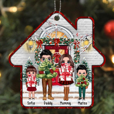 Christmas Pretty Family In Front Porch House Shape Personalized Wooden Ornament