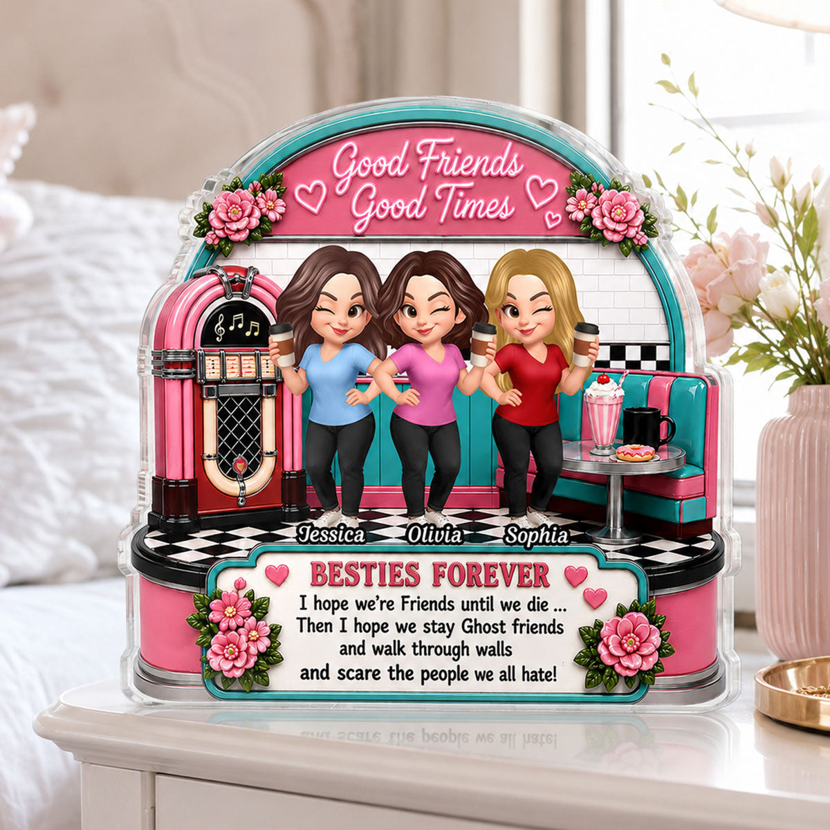 Besties Coffee Date Good Times Good Friends Best Memories Together - Personalized 2-Layered Wooden Plaque - Birthday Gift, Gift For Best Friends