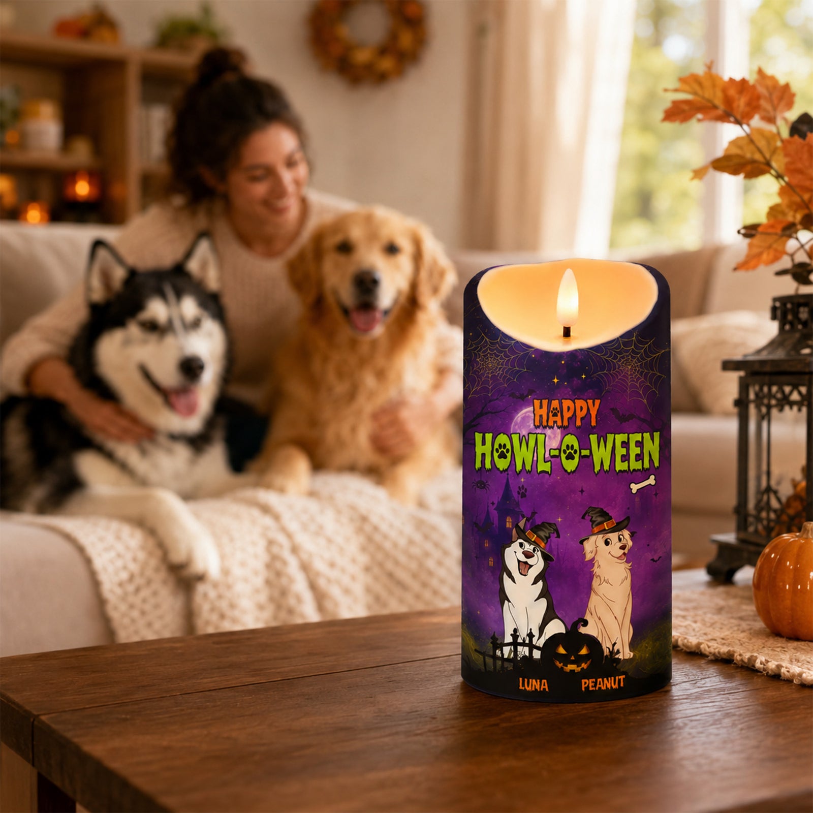 Dog Mom Happy Howloween Purple Magical Theme - Personalized LED Candle - Pawfect Halloween Decor for Dog Lover