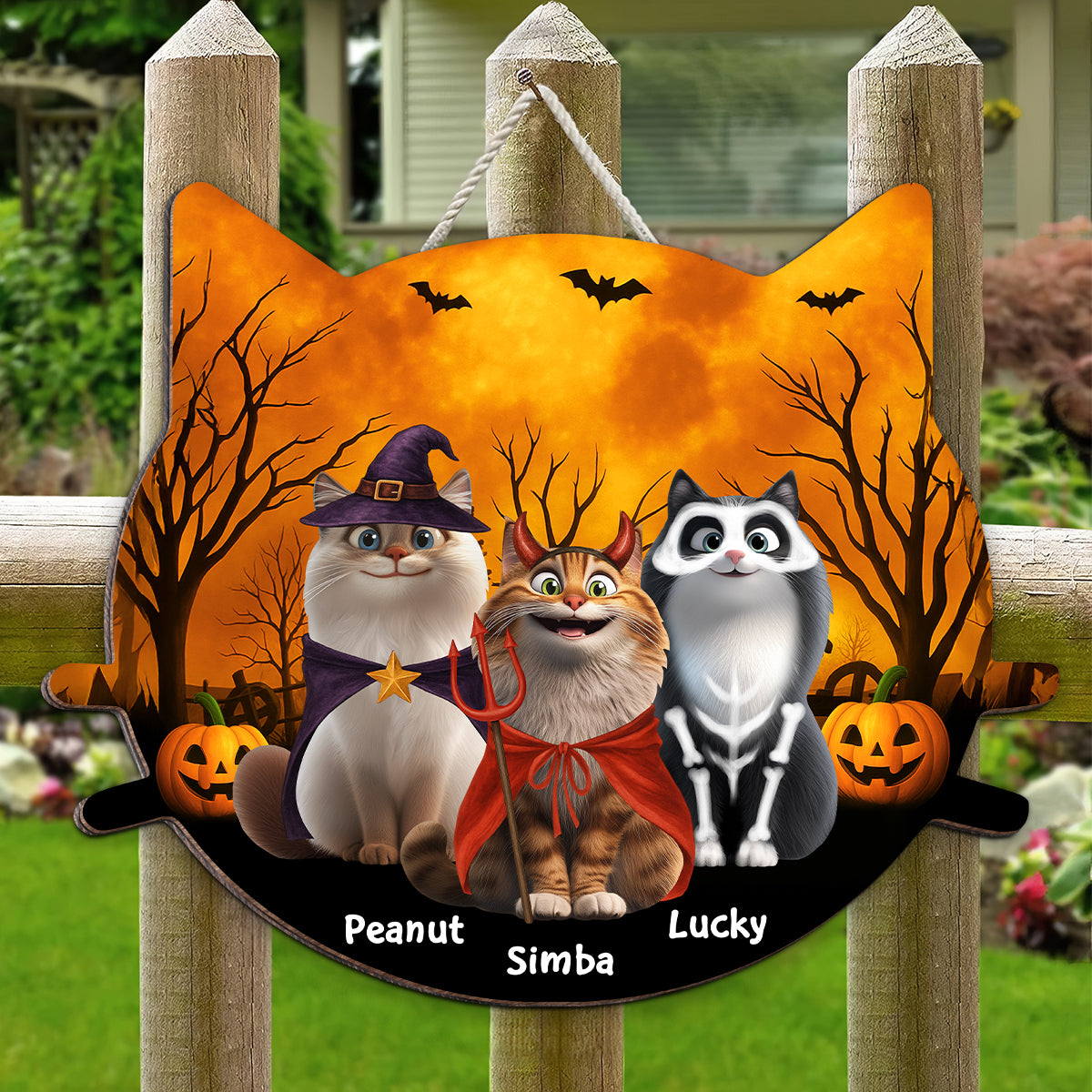 Halloween Cat Face Shaped Personalized Wooden Door Sign, Halloween Decor for Cat Lovers, Cat Moms, Cat Dads