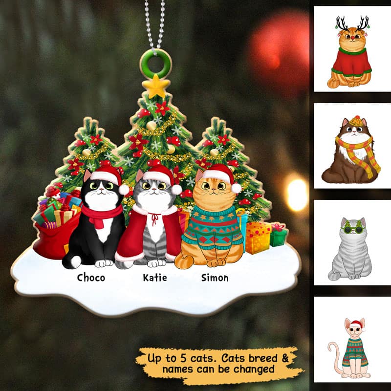 Fluffy Cats Sitting On Snow Christmas Tree Personalized Wooden Ornament