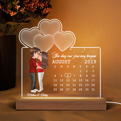 Doll Couple Kissing Under 3D Heart Anniversary Date Calendar Personalized Custom Shape Acrylic Plaque With LED Night Light - Anniversary Gift For Couple - Gift For Him Gift For Her