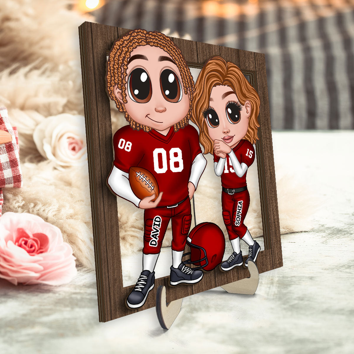 American Football Couple Y2K Style Frame Personalized 2-Layer Wooden Plaque,  Gift For Couples