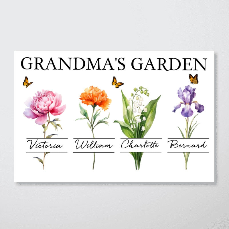 Gift For Grandma Grandma‘s Garden Beautiful Birth Month Flower With Names Personalized Horizontal Poster