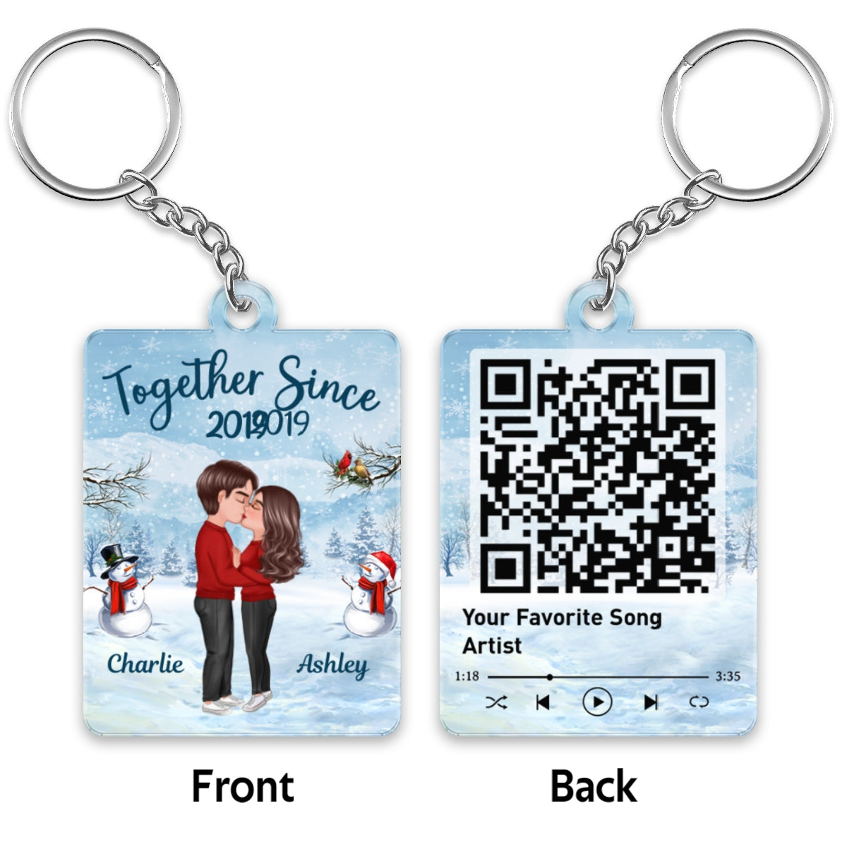 Winter Doll Couple Kissing Favorite Song Scannable QR Code Personalized Acrylic Keychain