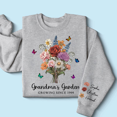 Grandma‘s Garden Vintage Birth Month Flowers Bouquet Personalized Sleeve Printed Sweatshirt