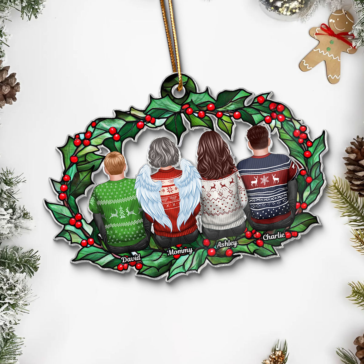 Christmas Family Sitting Back View Holly Branch Personalized Acrylic Ornament, Christmas Gift For Family