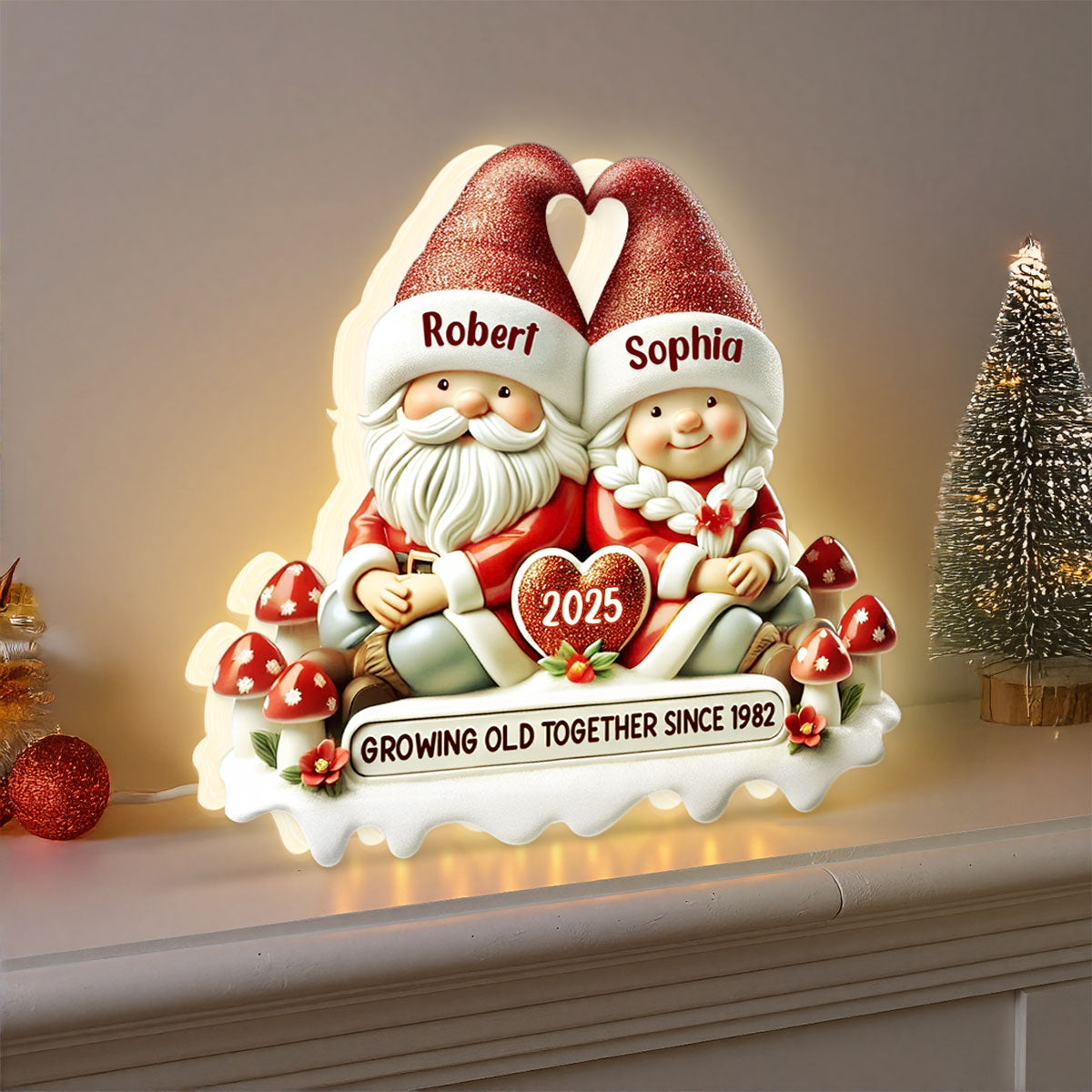 3D Effect Gnome Couple Growing Old Together Christmas - Personalized Light Box