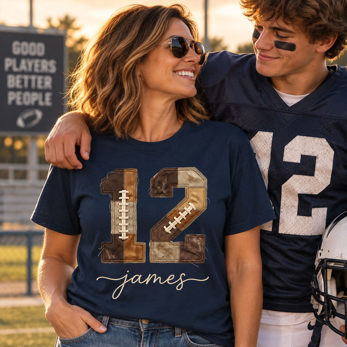 Custom Football Number and Name - Personalized Shirt - Sports Mom Faux Patchwork Tee, Game Day