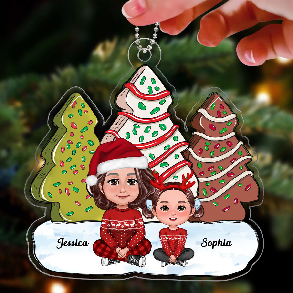 Christmas Tree Cake Pattern Grandma Grandkids Sitting Personalized Acrylic Ornament